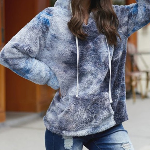 NWT Sherpa Hoodie Tie Dye So Soft Warm Jean Blue - Picture 4 of 4